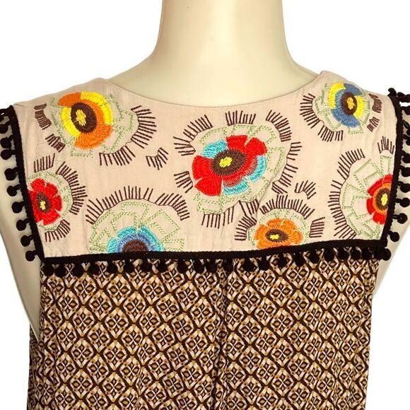 Ivy Jane Embroidered Notched Bib Pom Pom Trim Patterned Swing Sleeveless Top - Picture 10 of 16